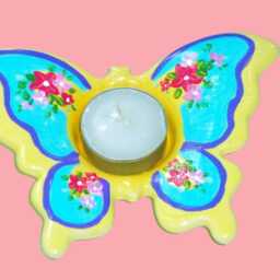 Hand-Painted Ceramic Butterfly Tea Light Holder Set, Colorful Floral Bohemian Decor, One Of A Kind - thumbnail 2