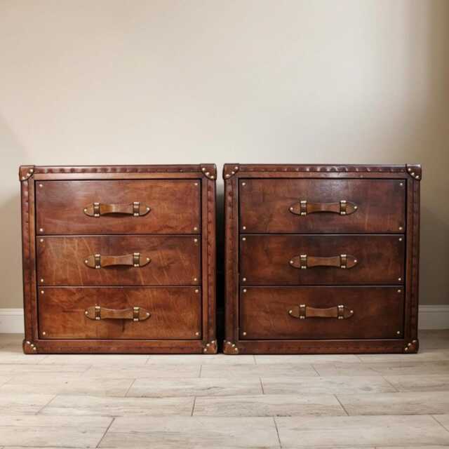 Leather Bedside Cabinet Pair, English Country House Master Bedroom, Nightstands Handmade Set - image 1