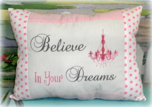 Inspirational Believe in Your Dreams Decorative Throw Pillow, Handmade, Pink, White & Grey with Chandelier, Girl's Bedroom Decor - image 1