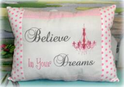 Inspirational Believe in Your Dreams Decorative Throw Pillow, Handmade, Pink, White & Grey with Chandelier, Girl's Bedroom Decor - thumbnail 1
