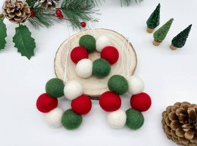 Felt Ball Bauble, Mini Christmas Tree Wreath, Pom Decorations, Hanging Ornament, Red & Green Bauble - image 1