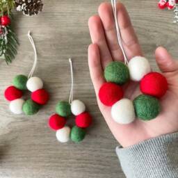 Felt Ball Bauble, Mini Christmas Tree Wreath, Pom Decorations, Hanging Ornament, Red & Green Bauble - thumbnail 2