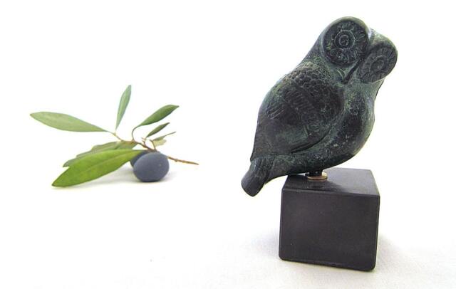 Athena Bronze Owl, Metal Art Sculpture On Marble - image 1