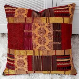 Prague Moroccan Patchwork Red Gold Green Velvet Chenille Extra Large Sofa/Floor Cushion Cover - thumbnail 3