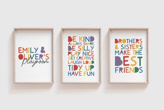 Set Of 3 Playroom Prints, Wall Art, Colourful Playroom, Brother & Sister Girls Nursery Kids Room - image 1