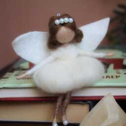 Felt Fairy Ornament Black Hair, White Dress - Whimsical Decor - thumbnail 3