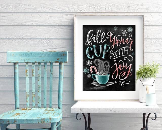 Hot Cocoa Sign, Holiday Decor, Bar Chalkboard Art, Chalk Fill Your Cup With Joy, Wedding, Snowflakes - image 1