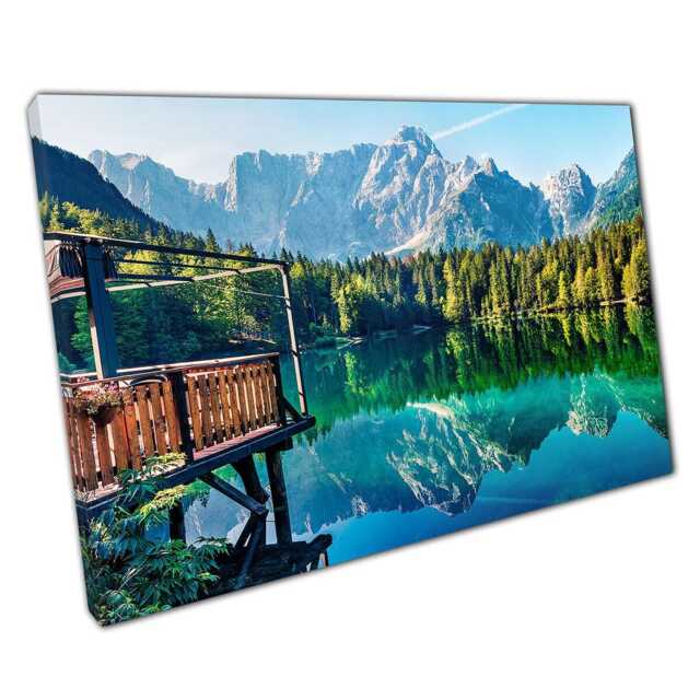 Fusine Lake Wall Art Cozy Pier & Mangart Peak Canvas Print - Italian Alpine Landscape Decor For Home Office - image 1