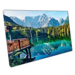 Fusine Lake Wall Art Cozy Pier & Mangart Peak Canvas Print - Italian Alpine Landscape Decor For Home Office - thumbnail 1
