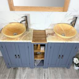 Bathroom Vanity Unit - Sink Washstand Slimline Grey Painted With Golden Onyx Worktop & Sit On Basins Taps Plugs Included - thumbnail 2