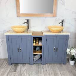 Bathroom Vanity Unit - Sink Washstand Slimline Grey Painted With Golden Onyx Worktop & Sit On Basins Taps Plugs Included