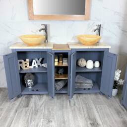 Bathroom Vanity Unit - Sink Washstand Slimline Grey Painted With Golden Onyx Worktop & Sit On Basins Taps Plugs Included - thumbnail 3