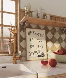 Kisses If You Do The Dishes Unframed Print - Trendy Kitchen Art Decor Prints Fun Funny - thumbnail 1