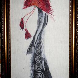 Finished Cross Stitch Art Girl With Fan, Framed Wall Decor - thumbnail 2