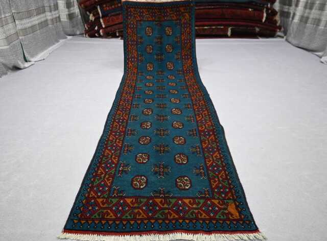 3x10 Ft Blue Runner Rug, Turkmen Handmade Plush Wool Afghan Oriental Tribal Bukhara Hallway Runner, Kitchen Rug - image 1