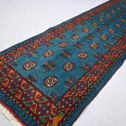 3x10 Ft Blue Runner Rug, Turkmen Handmade Plush Wool Afghan Oriental Tribal Bukhara Hallway Runner, Kitchen Rug - thumbnail 2
