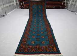3x10 Ft Blue Runner Rug, Turkmen Handmade Plush Wool Afghan Oriental Tribal Bukhara Hallway Runner, Kitchen Rug - thumbnail 1