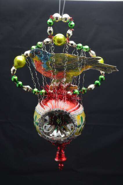Vintage Christmas Ornament With Dresden Trims, Victorian Die Cuts & Mercury Glass Beads - image 1
