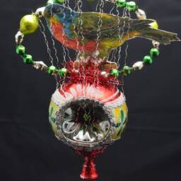 Vintage Christmas Ornament With Dresden Trims, Victorian Die Cuts & Mercury Glass Beads - thumbnail 2