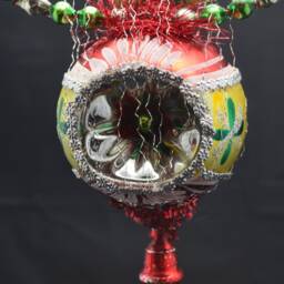 Vintage Christmas Ornament With Dresden Trims, Victorian Die Cuts & Mercury Glass Beads - thumbnail 3