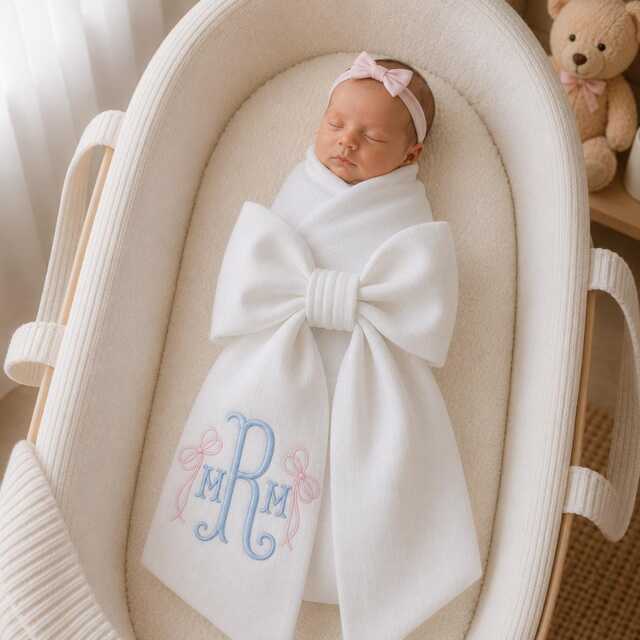 Custom Coquette Bow Embroidered Newborn Sash, Monogram Baby Name Swaddle, Sash For Picture, Shower Gift - image 1