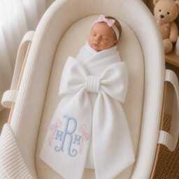 Custom Coquette Bow Embroidered Newborn Sash, Monogram Baby Name Swaddle, Sash For Picture, Shower Gift - thumbnail 1