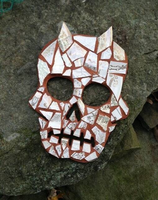 Horned Skull Antique Broken China Mosaic Wall Art Decor Day Of Dead Sugar Dishfunctional Designs - image 1