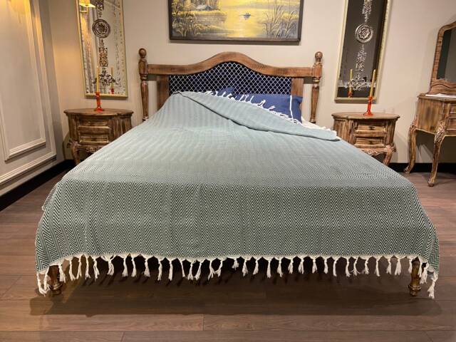 Green Turkish Cotton Bedspread, Organic Blanket, 79x87 - image 1