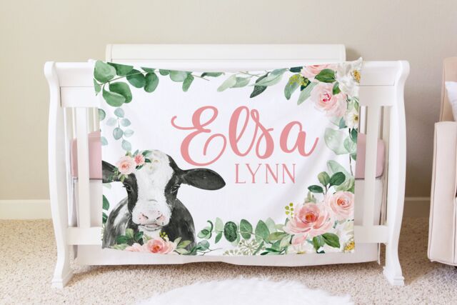 Cow Blanket, Personalized Baby Blanket Gift, Toddler Farm Animal Nursery Decor, Birthday Theme - image 1