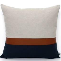 Light Grey, Brown Faux Leather & Navy Colorblock Pillow Cover - Custom Color All Sizes, Home Gifts For You - thumbnail 2
