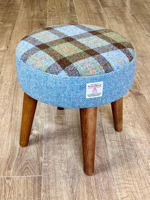 Macleod Tartan & Sky Blue Harris Tweed Small Footstool With Varnished Wooden Legs - image 1