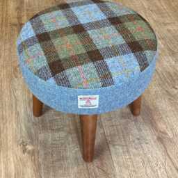 Macleod Tartan & Sky Blue Harris Tweed Small Footstool With Varnished Wooden Legs - thumbnail 2