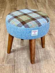Macleod Tartan & Sky Blue Harris Tweed Small Footstool With Varnished Wooden Legs - thumbnail 1