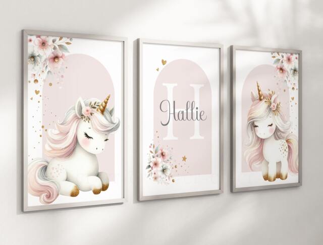 Unicorn Rainbow Stars Girls A4 Or A3 Nursery Set Of Unframed Personalised Prints Pink Beige Gold Wall Art Flower - image 1