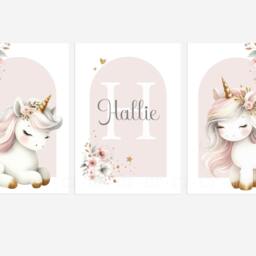 Unicorn Rainbow Stars Girls A4 Or A3 Nursery Set Of Unframed Personalised Prints Pink Beige Gold Wall Art Flower - thumbnail 2