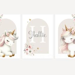 Unicorn Rainbow Stars Girls A4 Or A3 Nursery Set Of Unframed Personalised Prints Pink Beige Gold Wall Art Flower - thumbnail 3
