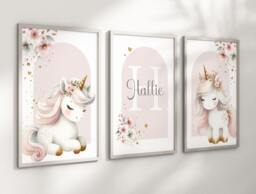 Unicorn Rainbow Stars Girls A4 Or A3 Nursery Set Of Unframed Personalised Prints Pink Beige Gold Wall Art Flower - thumbnail 1