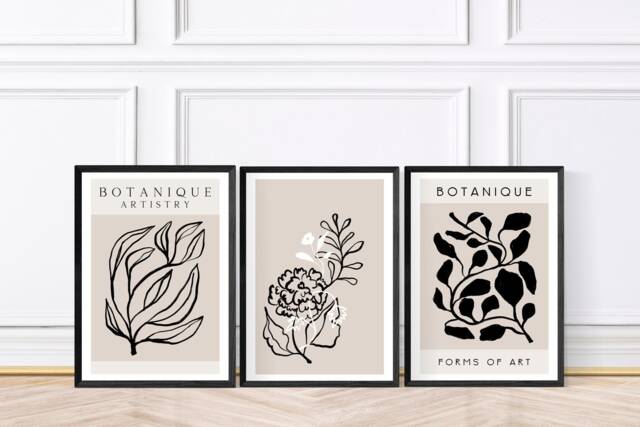 Botanique Artistry Beige, Black & White Set Of 3 Framed Or Unframed Prints Digital Download - image 1