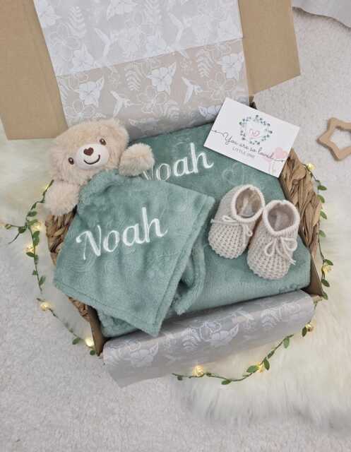 Personalised Baby Blanket, Comforter & Booties Gift Set Embroidered Name, Ready Packaging - image 1