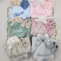 Personalised Baby Blanket, Comforter & Booties Gift Set Embroidered Name, Ready Packaging - thumbnail 2