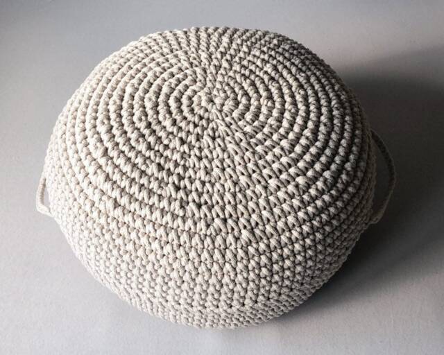 Crochet Pouf Ottoman Beige Cotton Knit Footstool, Nursery Decor - image 1