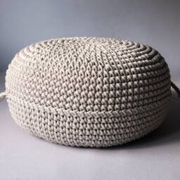 Crochet Pouf Ottoman Beige Cotton Knit Footstool, Nursery Decor - thumbnail 3