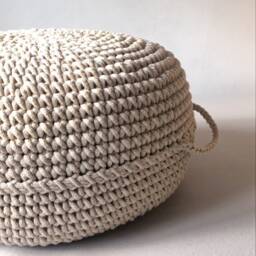 Crochet Pouf Ottoman Beige Cotton Knit Footstool, Nursery Decor - thumbnail 2
