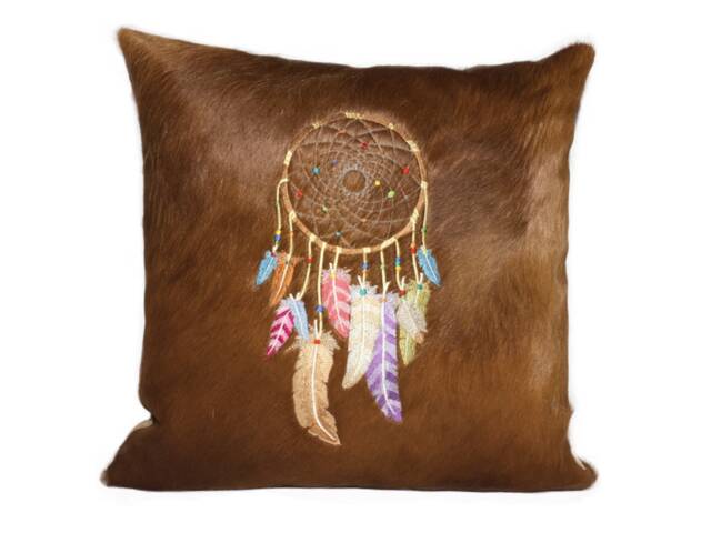 Embroidered Dream Catcher Cowhide Pillow - 18x18 Native American Decor - image 1