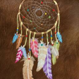 Embroidered Dream Catcher Cowhide Pillow - 18x18 Native American Decor - thumbnail 2