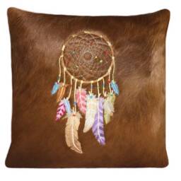 Embroidered Dream Catcher Cowhide Pillow - 18x18 Native American Decor - thumbnail 4