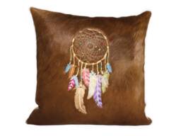 Embroidered Dream Catcher Cowhide Pillow - 18x18 Native American Decor - thumbnail 1
