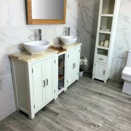 Bathroom Vanity Unit - Sink Washstand Slimline White Painted With Golden Onyx Worktop & Sit On Basins Taps Plugs Included - thumbnail 2