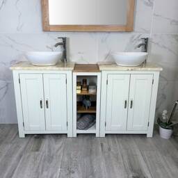 Bathroom Vanity Unit - Sink Washstand Slimline White Painted With Golden Onyx Worktop & Sit On Basins Taps Plugs Included