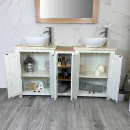 Bathroom Vanity Unit - Sink Washstand Slimline White Painted With Golden Onyx Worktop & Sit On Basins Taps Plugs Included - thumbnail 3